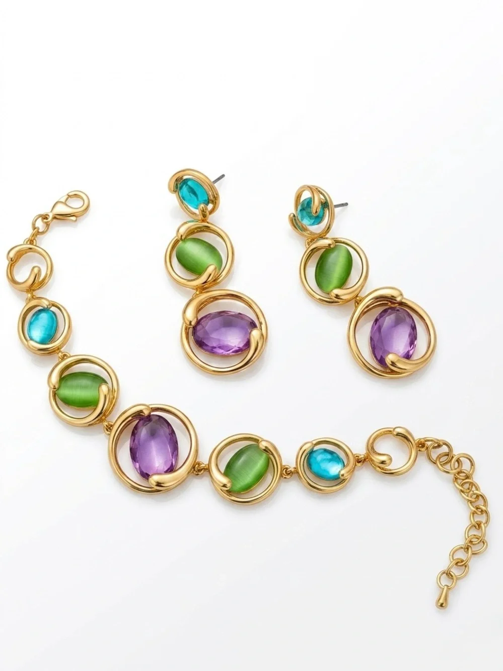 14K Gold Plated Pastel Crystal Bracelet - Gema Style Colorful Statement Band